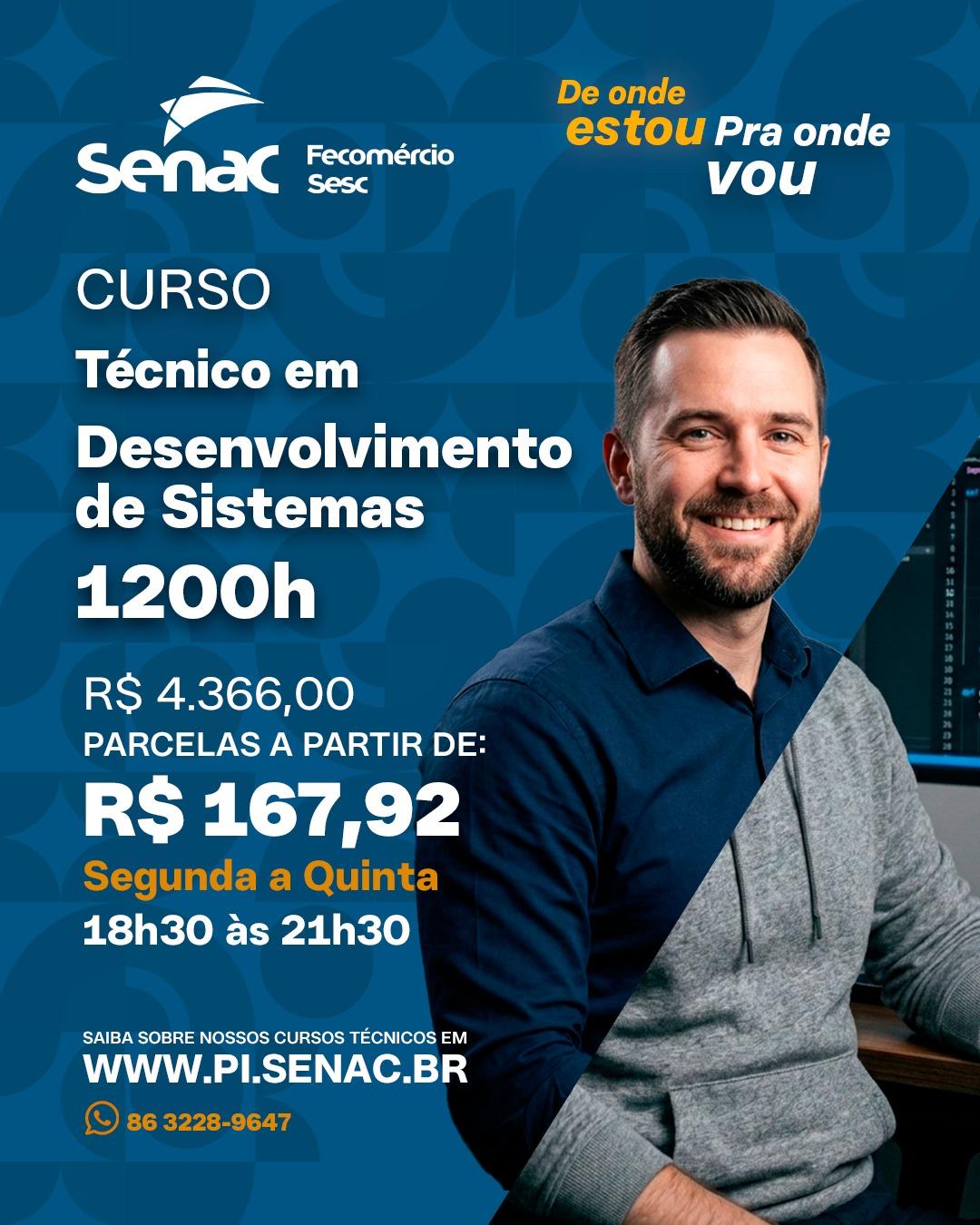 Senac Piripiri com inscrições para curso técnico em desenvolvimento de sistemas 