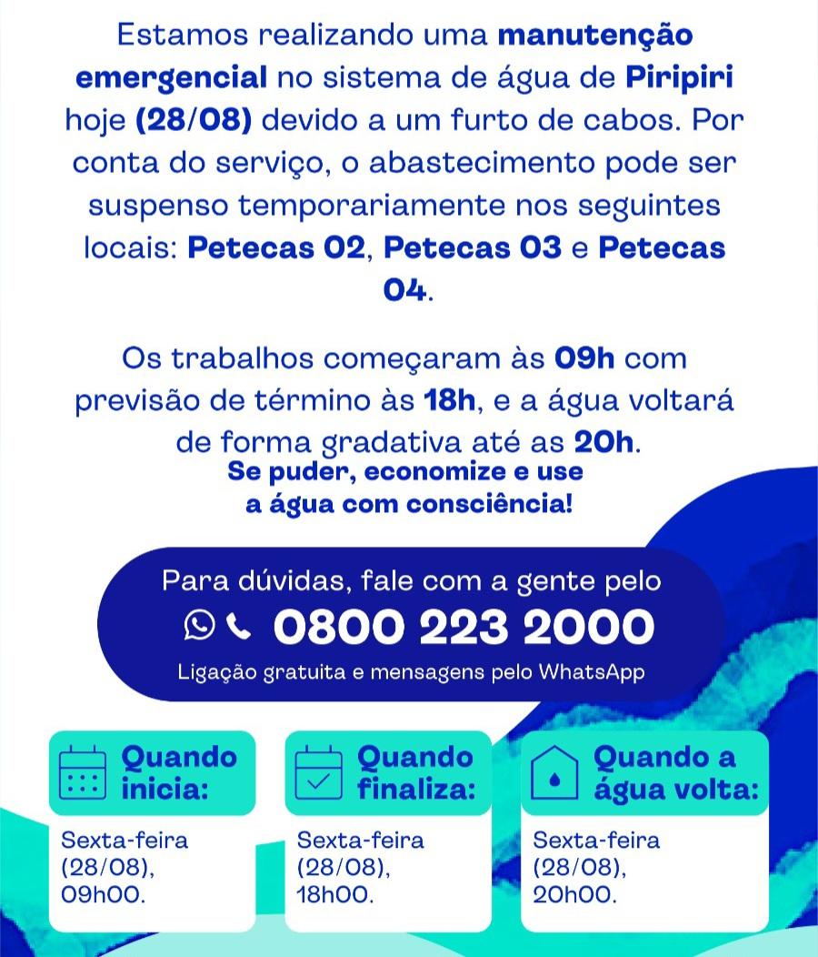 Águas do Piauí realiza manutenção emergencial após furto de cabos e pode suspender abastecimento em Piripiri