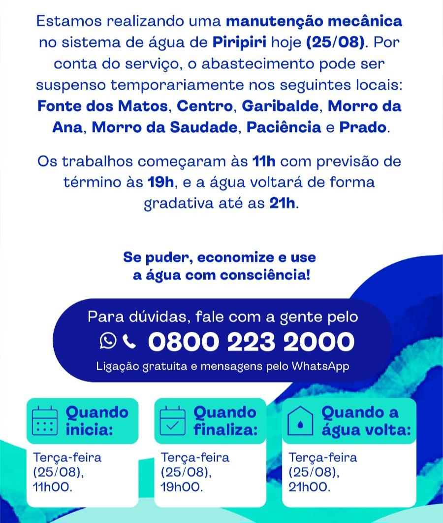 Comunicado da Águas do Piauí sobre manutenção com suspensão temporária de distribuição
