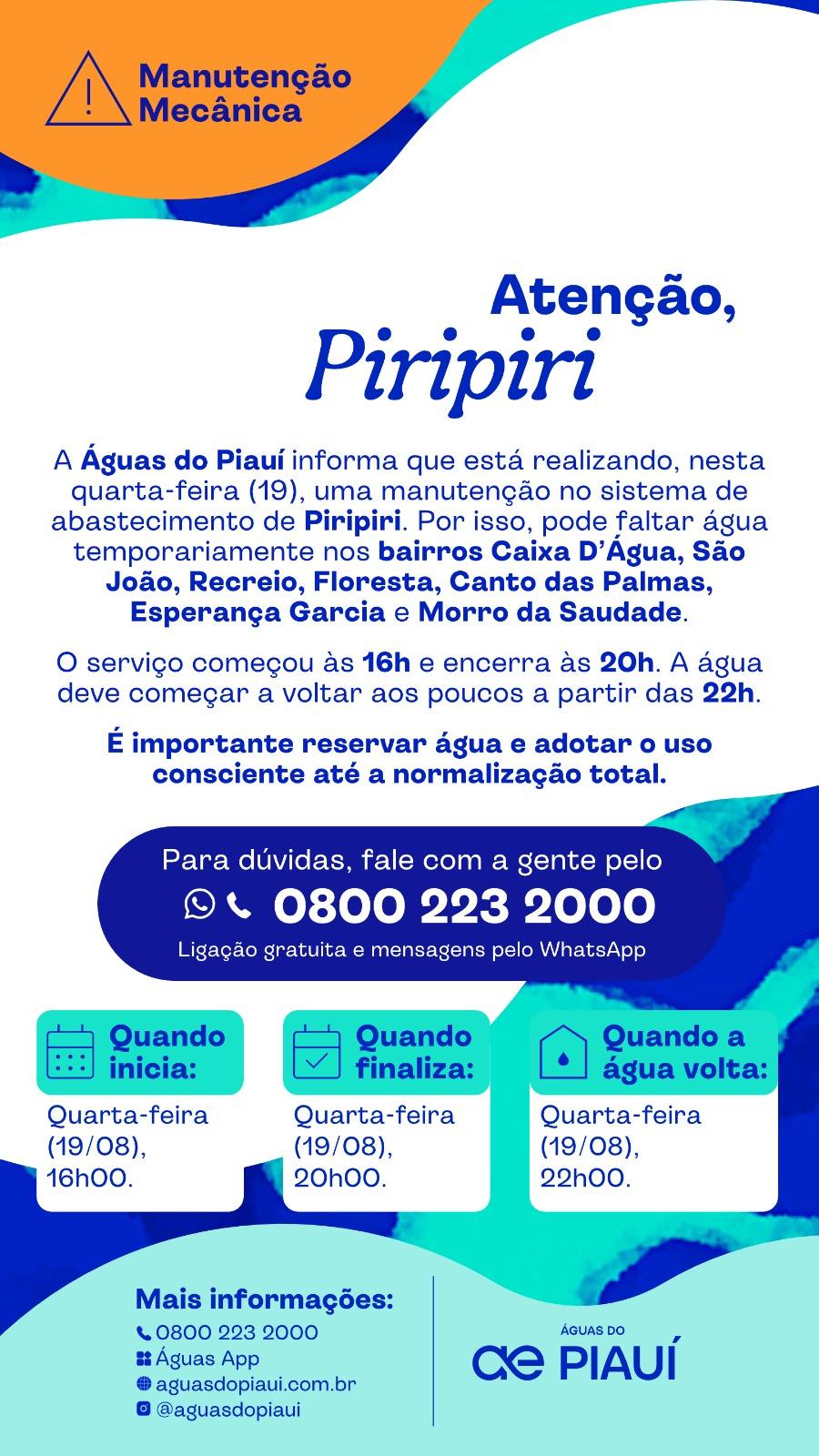 Comunicado da Águas do Piauí sobre serviço de manutenção em Piripiri 