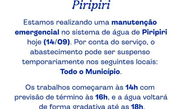 Águas do Piauí emite novo comunicado para Piripiri 