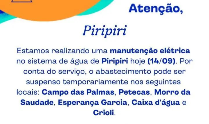 Comunicado da ÁGUAS DO PIAUÍ sobre manutenção em rede elétrica em Piripiri 