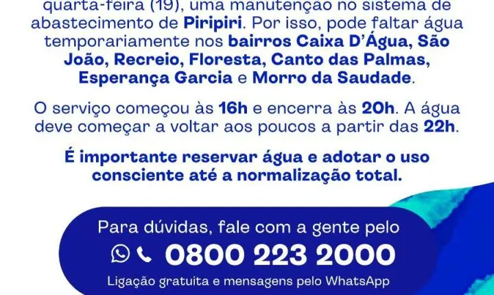 Comunicado da Águas do Piauí sobre serviço de manutenção em Piripiri 